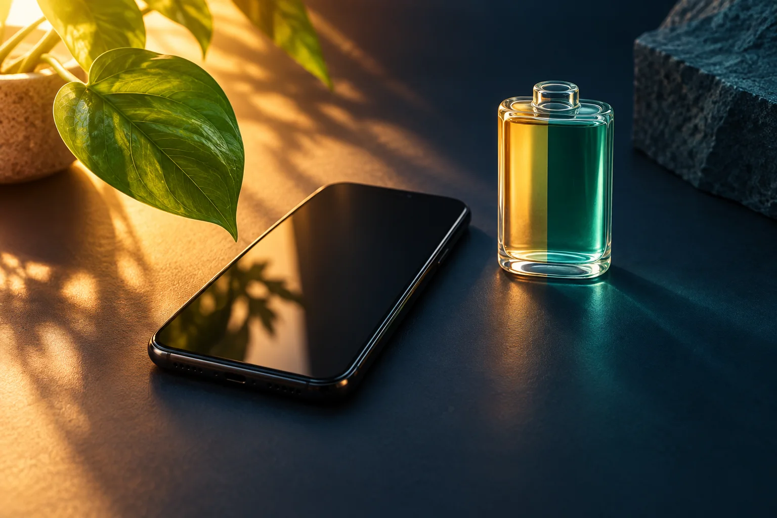 Smartphone and glass battery object divided between warm sunlight and cool teal shade