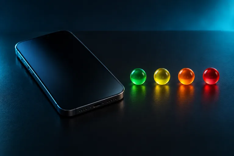 Smartphone beside green, yellow, orange, and red glass thermal markers