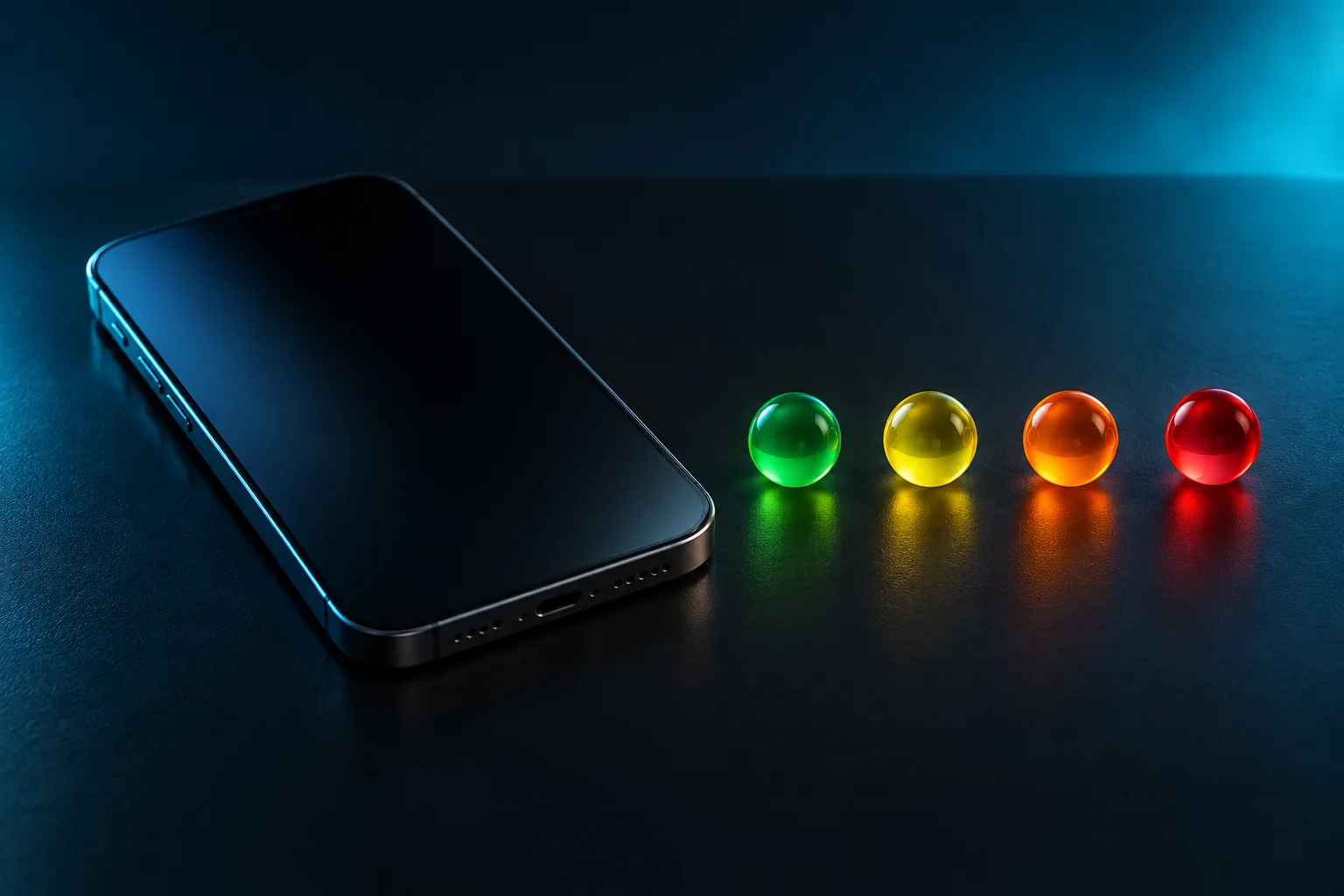 Smartphone beside green, yellow, orange, and red glass thermal markers