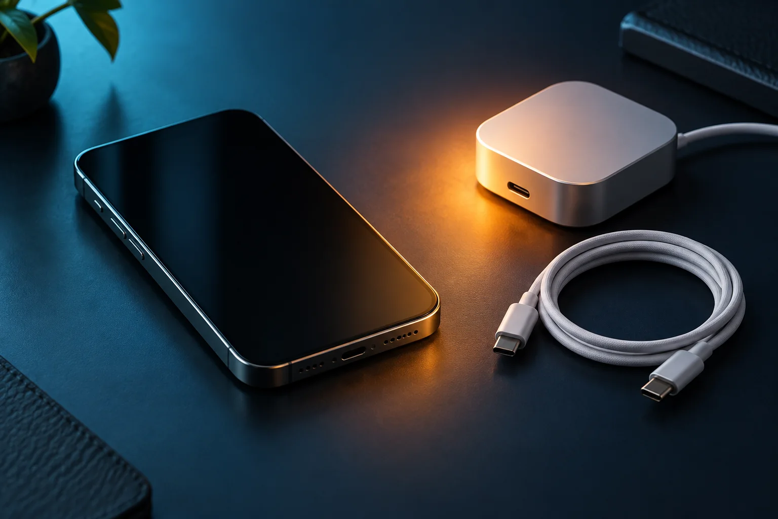 Smartphone à côté d’un adaptateur de charge et d’un câble USB-C torsadé
