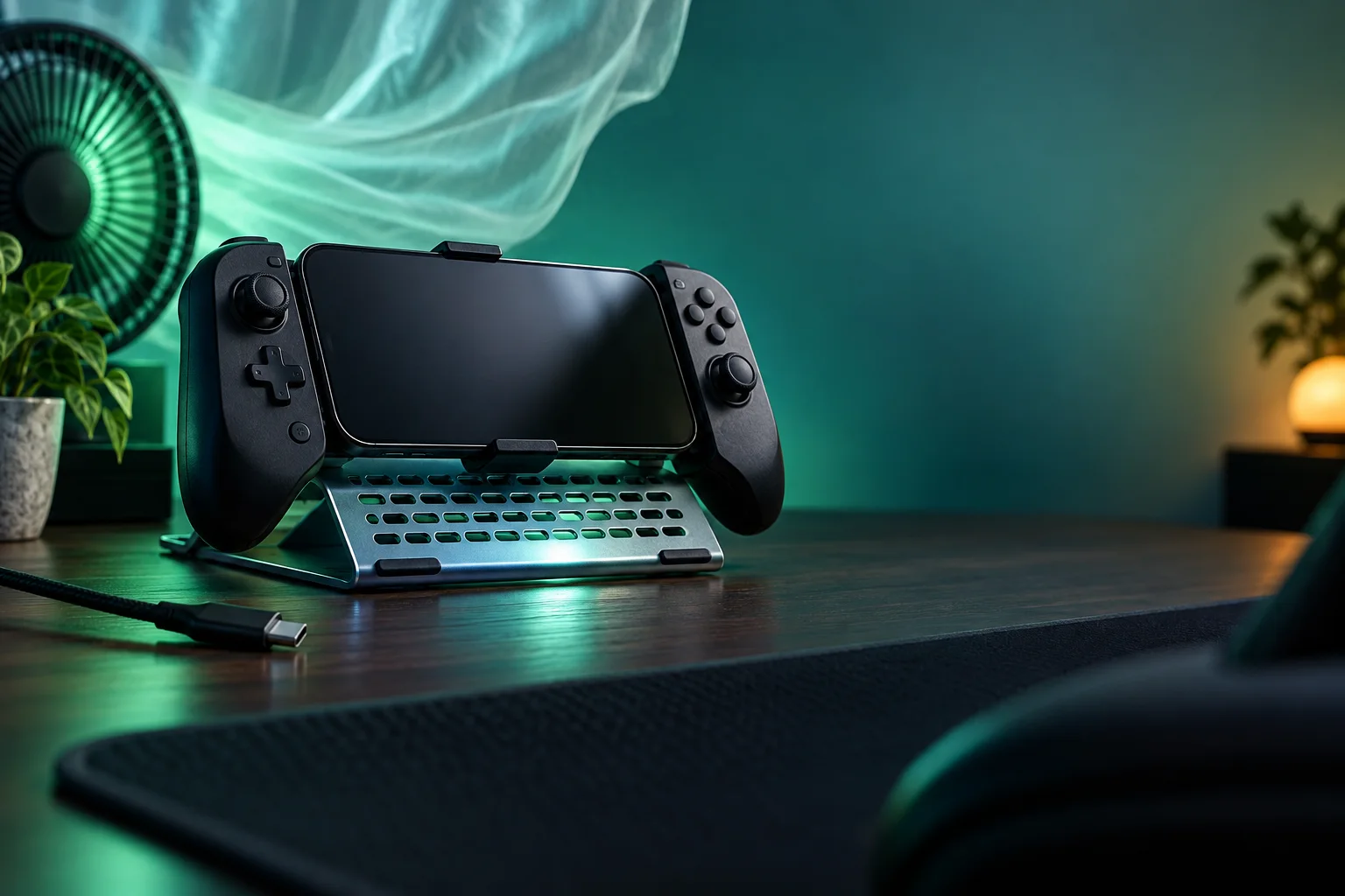 Smartphone gaming controller on a ventilated stand near a fan
