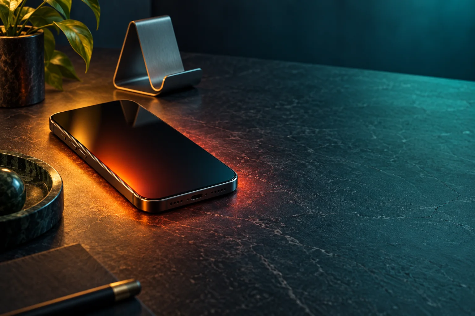 Warm smartphone on a dark desk beside a cool metal stand