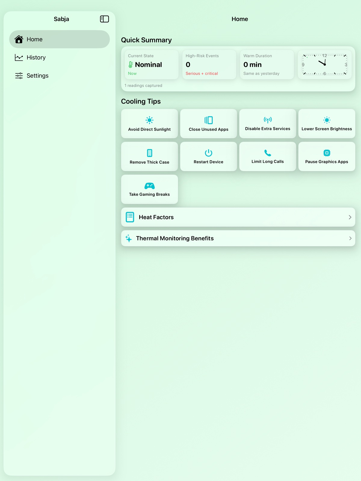 Sabja dashboard on iPad showing Quick Summary and Cooling Tips