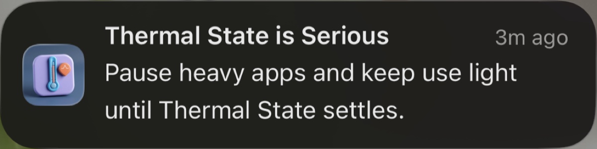 Sabja alert saying Thermal State is Serious with advice to pause heavy apps
