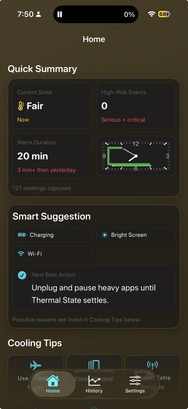 Sabja Smart Suggestion showing charging, bright screen, and Wi-Fi as possible factors with a clear next action
