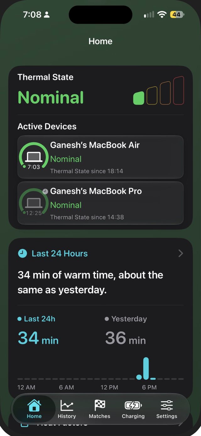 Sabja Home on iPhone showing a Nominal Thermal State, two Macs under Active Devices, and 34 minutes of warm time in the last 24 hours