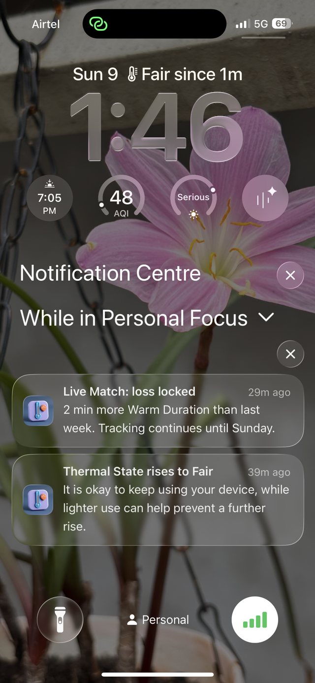iPhone Lock Screen with Sabja’s ring widget and a notification saying Thermal State rises to Fair