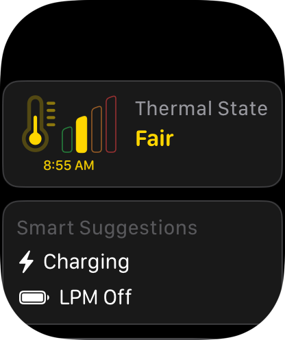 Sabja on Apple Watch showing a Fair Thermal State and Smart Suggestions for charging and Low Power Mode